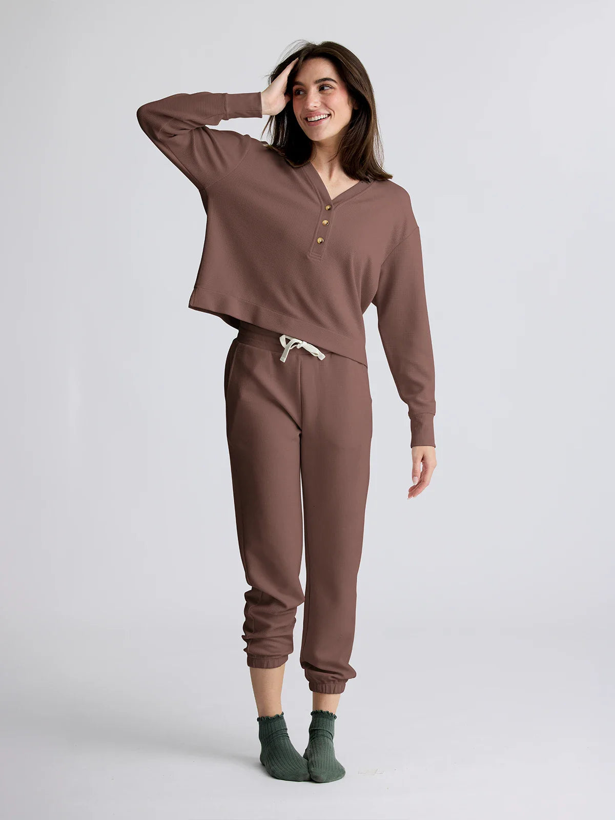 Women's Waffle Long Sleeve Henley - Fig